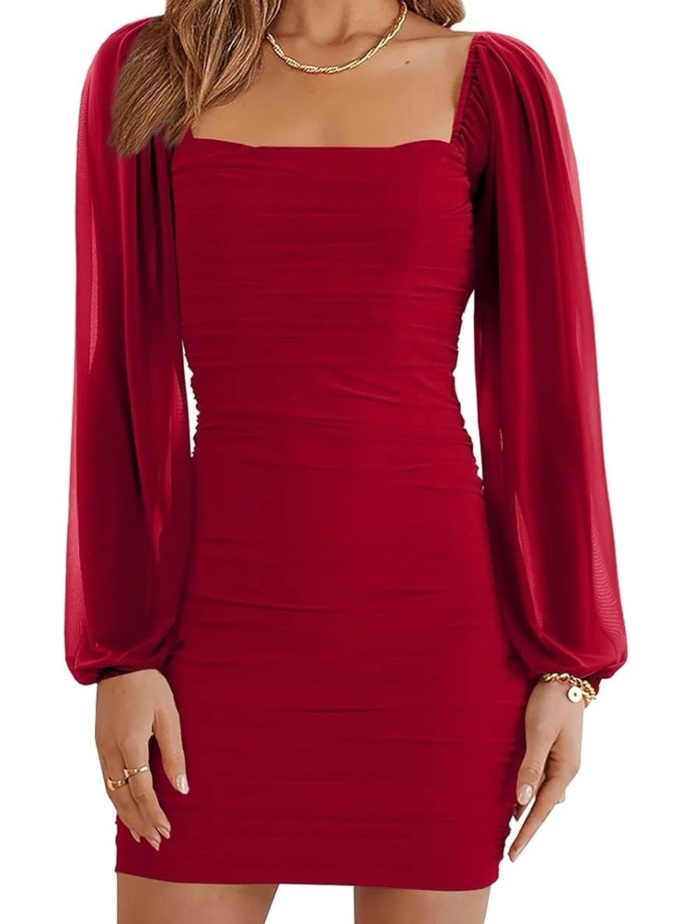Women’s Elegant Square Neck Pattern Sleeve Ruched Bodycon Dress - Red  - Small
